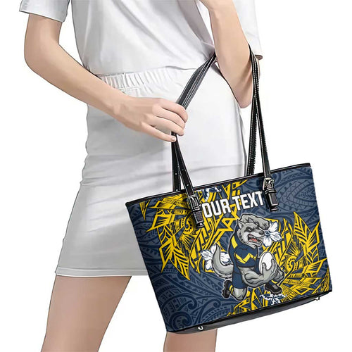 Personalised North Queensland Cowboys Leather Tote Bag Polynesian Tribal Pattern With Rugby Bull Mascot Art