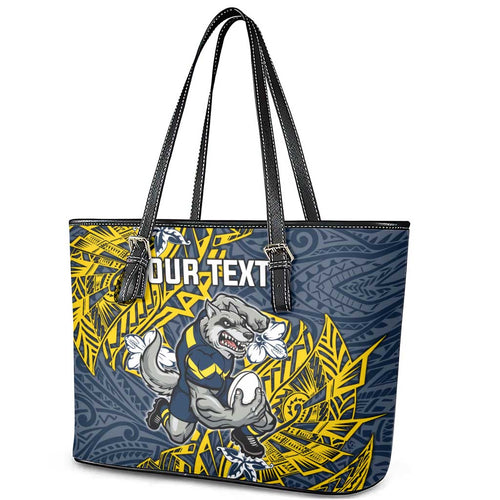 Personalised North Queensland Cowboys Leather Tote Bag Polynesian Tribal Pattern With Rugby Bull Mascot Art