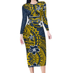 Personalised North Queensland Cowboys Long Sleeve Bodycon Dress Polynesian Tribal Pattern With Rugby Bull Mascot Art