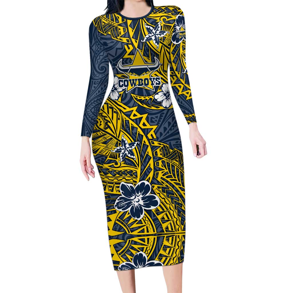Personalised North Queensland Cowboys Long Sleeve Bodycon Dress Polynesian Tribal Pattern With Rugby Bull Mascot Art