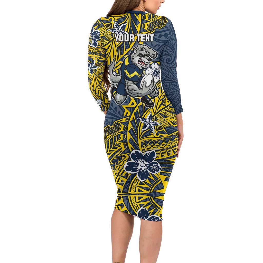 Personalised North Queensland Cowboys Long Sleeve Bodycon Dress Polynesian Tribal Pattern With Rugby Bull Mascot Art