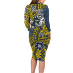 Personalised North Queensland Cowboys Long Sleeve Bodycon Dress Polynesian Tribal Pattern With Rugby Bull Mascot Art