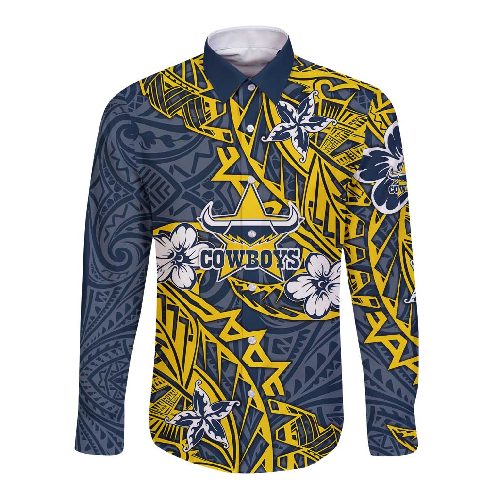 Personalised North Queensland Cowboys Long Sleeve Button Shirt Polynesian Tribal Pattern With Rugby Bull Mascot Art