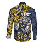 Personalised North Queensland Cowboys Long Sleeve Button Shirt Polynesian Tribal Pattern With Rugby Bull Mascot Art