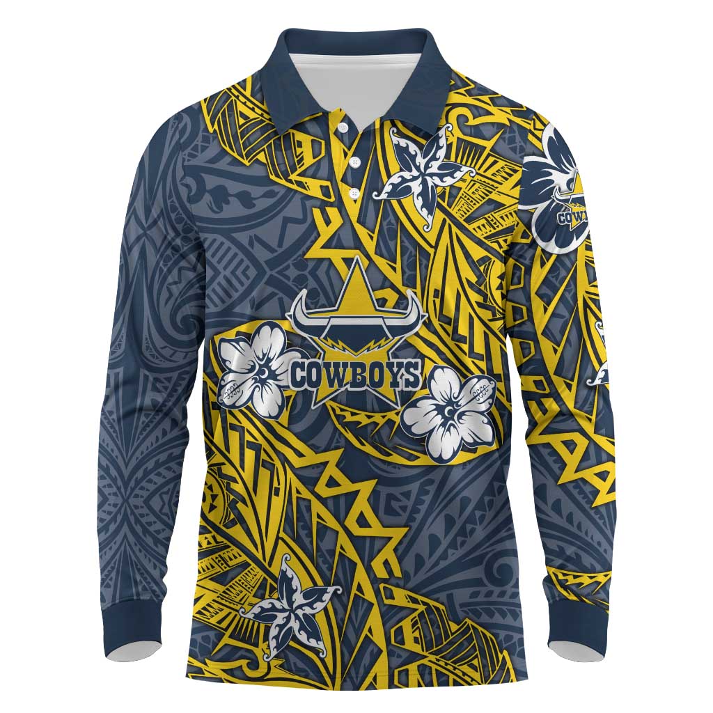 Personalised North Queensland Cowboys Long Sleeve Polo Shirt Polynesian Tribal Pattern With Rugby Bull Mascot Art