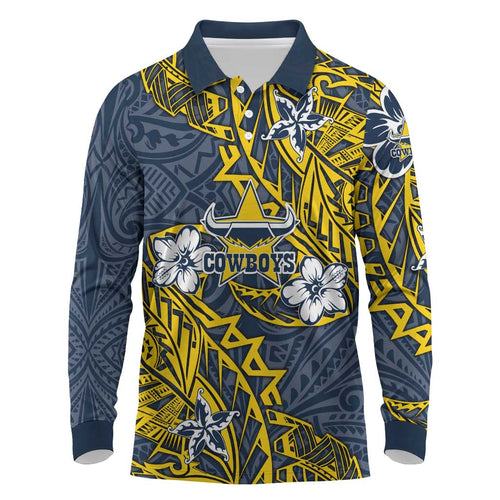 Personalised North Queensland Cowboys Long Sleeve Polo Shirt Polynesian Tribal Pattern With Rugby Bull Mascot Art