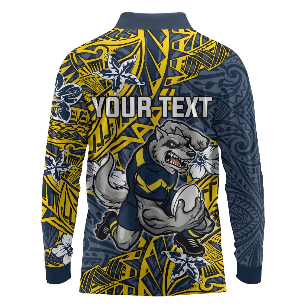 Personalised North Queensland Cowboys Long Sleeve Polo Shirt Polynesian Tribal Pattern With Rugby Bull Mascot Art