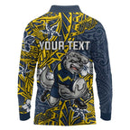 Personalised North Queensland Cowboys Long Sleeve Polo Shirt Polynesian Tribal Pattern With Rugby Bull Mascot Art