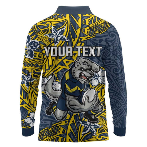 Personalised North Queensland Cowboys Long Sleeve Polo Shirt Polynesian Tribal Pattern With Rugby Bull Mascot Art