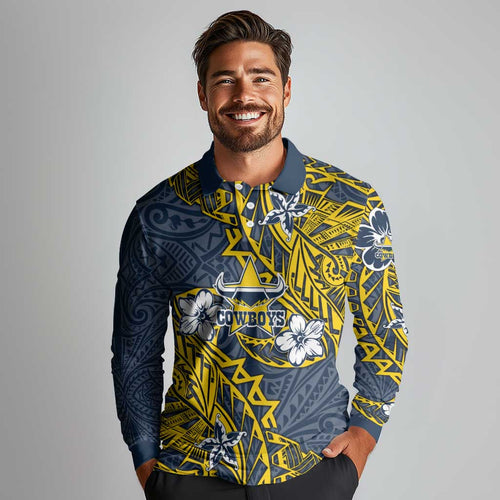 Personalised North Queensland Cowboys Long Sleeve Polo Shirt Polynesian Tribal Pattern With Rugby Bull Mascot Art