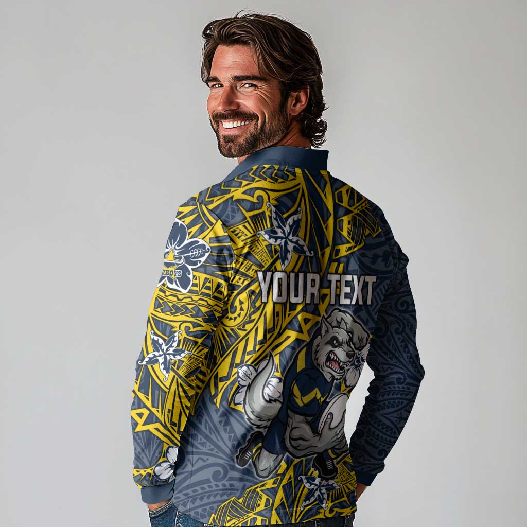 Personalised North Queensland Cowboys Long Sleeve Polo Shirt Polynesian Tribal Pattern With Rugby Bull Mascot Art