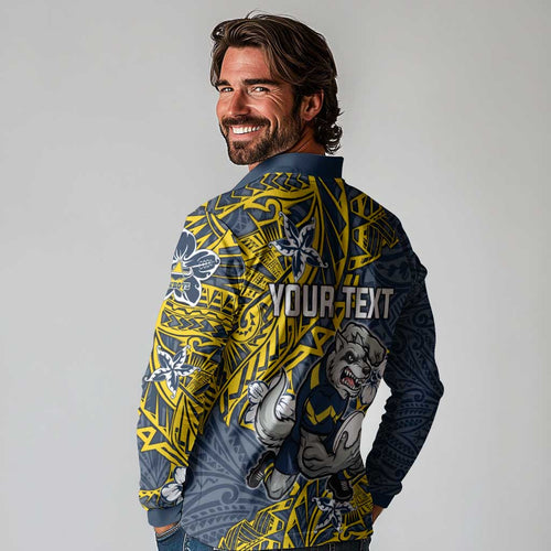 Personalised North Queensland Cowboys Long Sleeve Polo Shirt Polynesian Tribal Pattern With Rugby Bull Mascot Art
