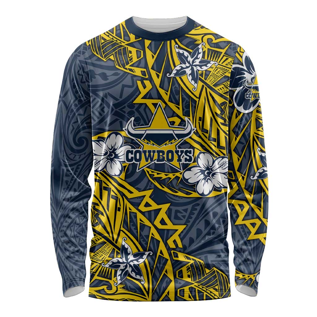 Personalised North Queensland Cowboys Long Sleeve Shirt Polynesian Tribal Pattern With Rugby Bull Mascot Art