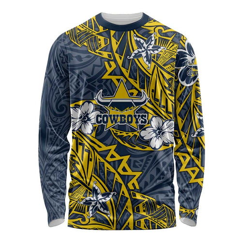 Personalised North Queensland Cowboys Long Sleeve Shirt Polynesian Tribal Pattern With Rugby Bull Mascot Art