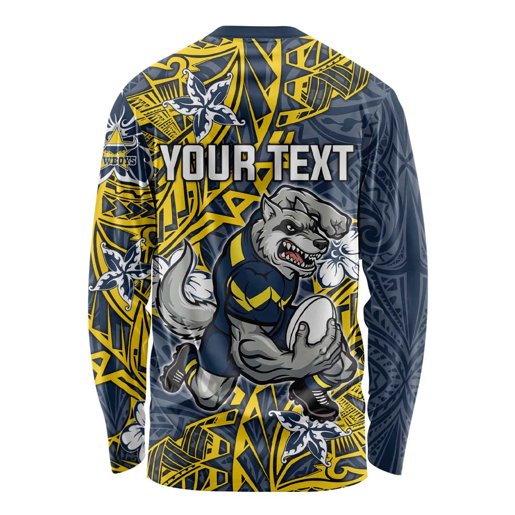 Personalised North Queensland Cowboys Long Sleeve Shirt Polynesian Tribal Pattern With Rugby Bull Mascot Art