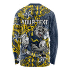Personalised North Queensland Cowboys Long Sleeve Shirt Polynesian Tribal Pattern With Rugby Bull Mascot Art