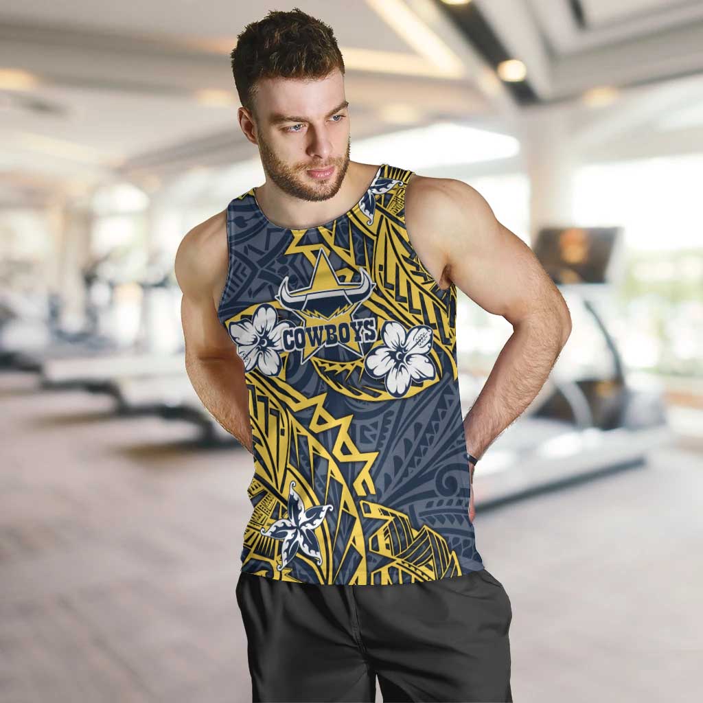 Personalised North Queensland Cowboys Men Tank Top Polynesian Tribal Pattern With Rugby Bull Mascot Art