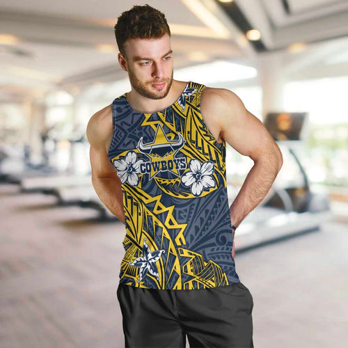 Personalised North Queensland Cowboys Men Tank Top Polynesian Tribal Pattern With Rugby Bull Mascot Art