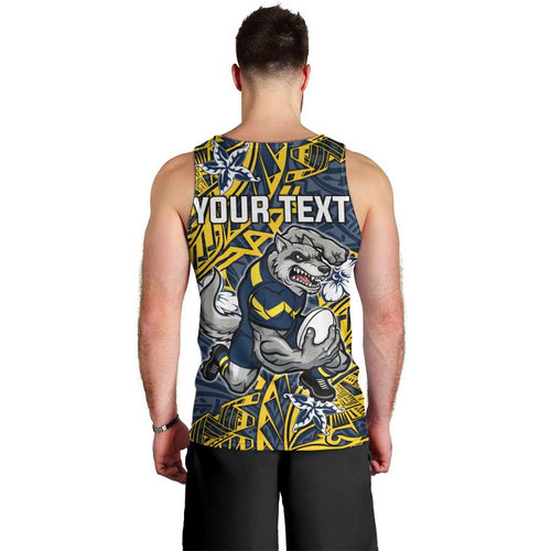 Personalised North Queensland Cowboys Men Tank Top Polynesian Tribal Pattern With Rugby Bull Mascot Art