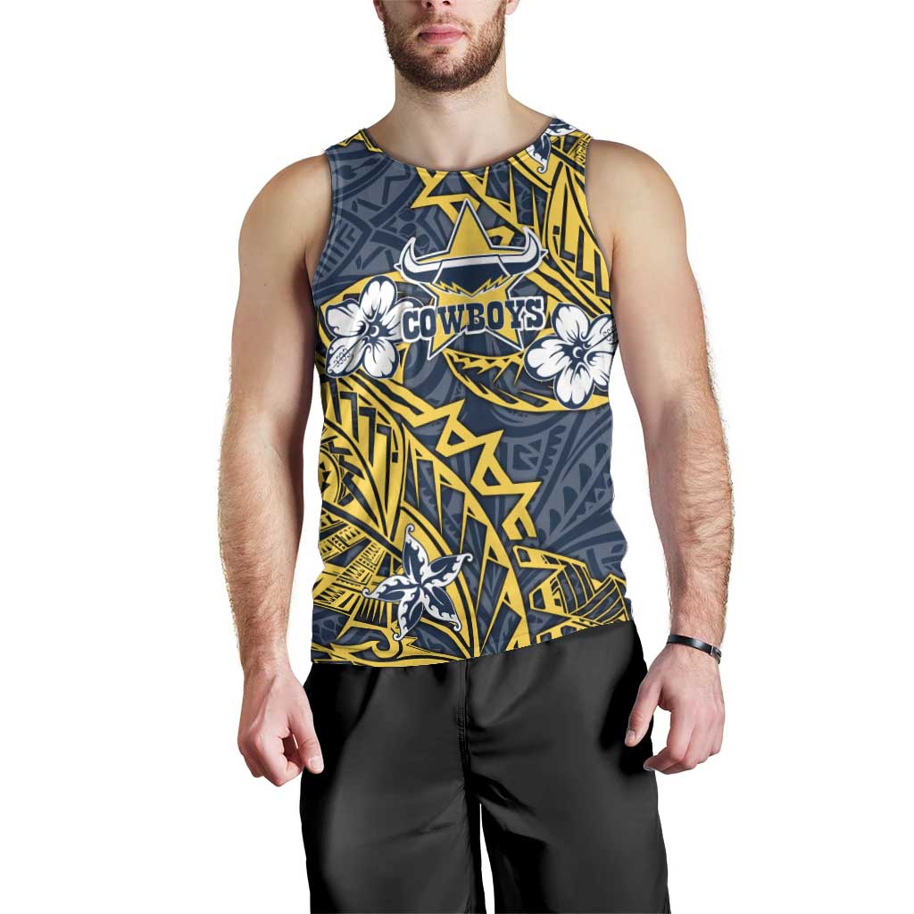 Personalised North Queensland Cowboys Men Tank Top Polynesian Tribal Pattern With Rugby Bull Mascot Art