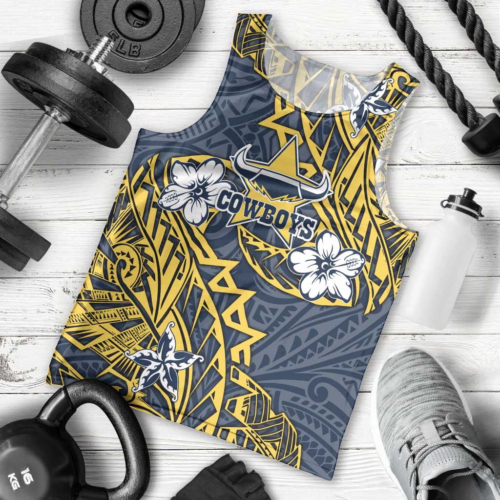 Personalised North Queensland Cowboys Men Tank Top Polynesian Tribal Pattern With Rugby Bull Mascot Art