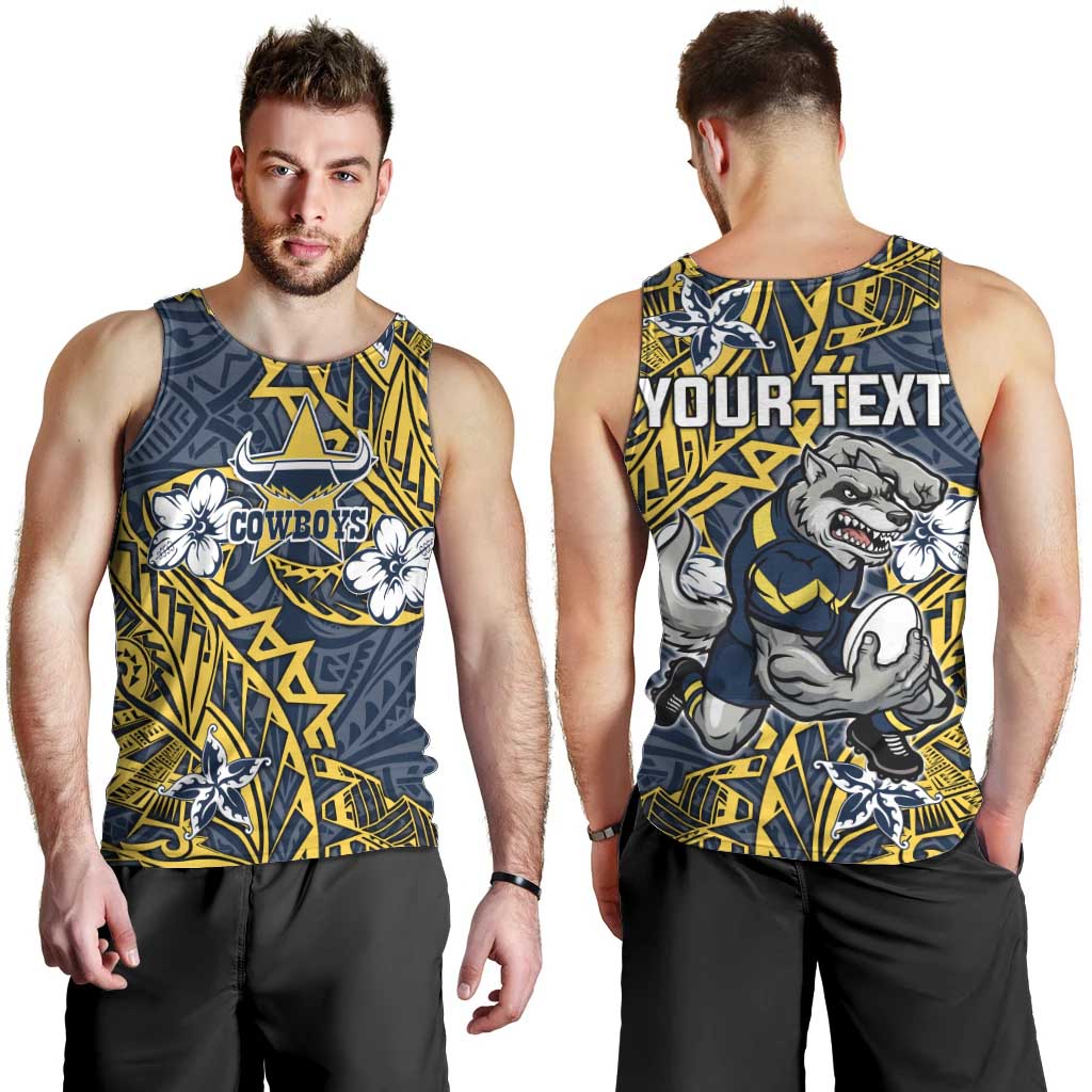 Personalised North Queensland Cowboys Men Tank Top Polynesian Tribal Pattern With Rugby Bull Mascot Art
