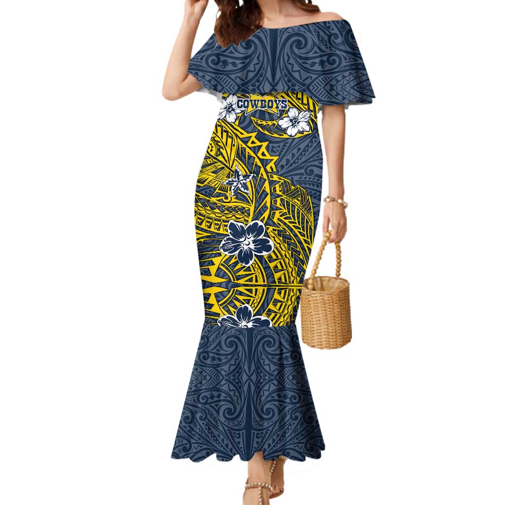 Personalised North Queensland Cowboys Mermaid Dress Polynesian Tribal Pattern With Rugby Bull Mascot Art