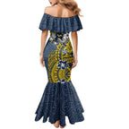Personalised North Queensland Cowboys Mermaid Dress Polynesian Tribal Pattern With Rugby Bull Mascot Art