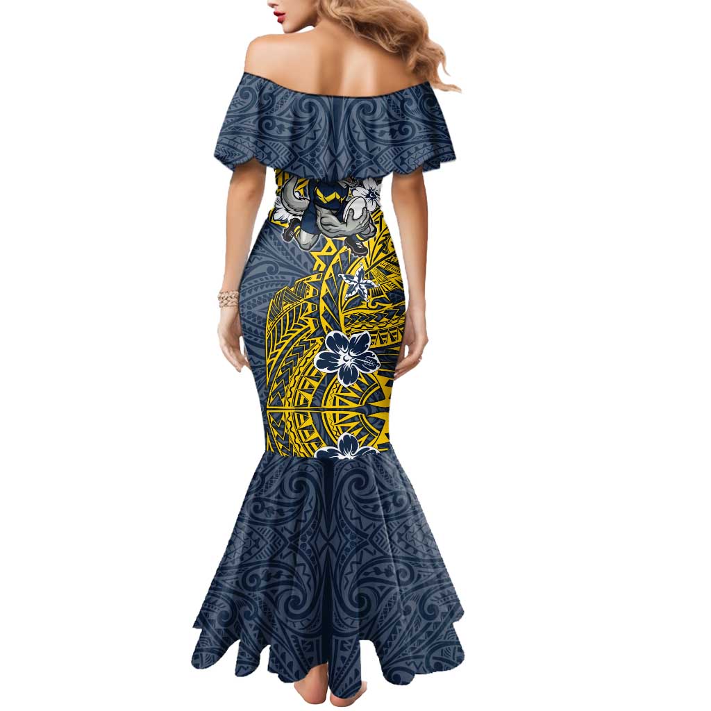 Personalised North Queensland Cowboys Mermaid Dress Polynesian Tribal Pattern With Rugby Bull Mascot Art