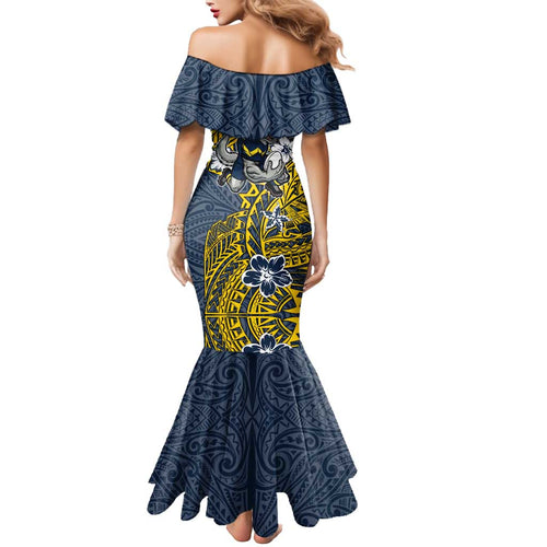 Personalised North Queensland Cowboys Mermaid Dress Polynesian Tribal Pattern With Rugby Bull Mascot Art