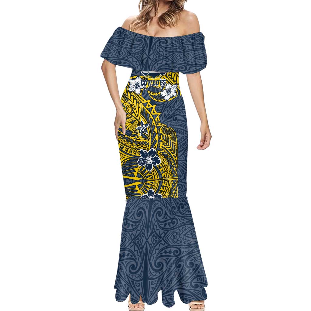 Personalised North Queensland Cowboys Mermaid Dress Polynesian Tribal Pattern With Rugby Bull Mascot Art