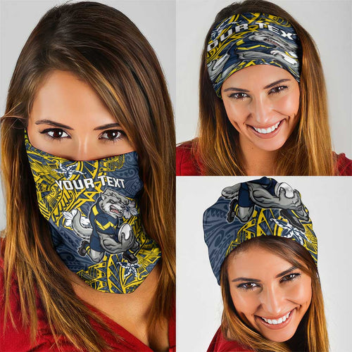 Personalised North Queensland Cowboys Neck Gaiter Polynesian Tribal Pattern With Rugby Bull Mascot Art