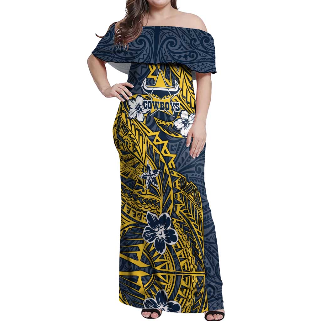 Personalised North Queensland Cowboys Off Shoulder Maxi Dress Polynesian Tribal Pattern With Rugby Bull Mascot Art