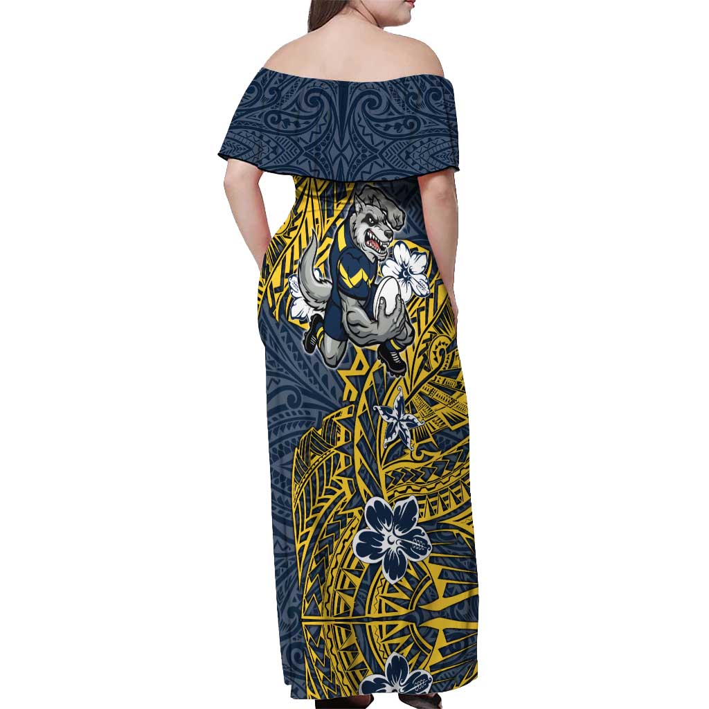 Personalised North Queensland Cowboys Off Shoulder Maxi Dress Polynesian Tribal Pattern With Rugby Bull Mascot Art