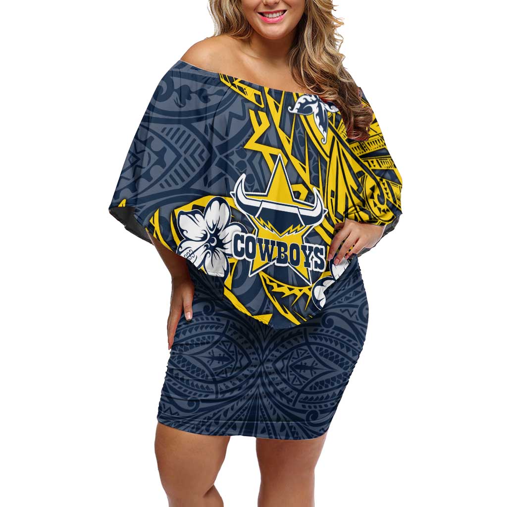 Personalised North Queensland Cowboys Off Shoulder Short Dress Polynesian Tribal Pattern With Rugby Bull Mascot Art