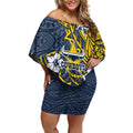 Personalised North Queensland Cowboys Off Shoulder Short Dress Polynesian Tribal Pattern With Rugby Bull Mascot Art