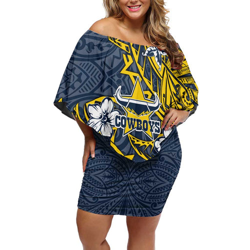 Personalised North Queensland Cowboys Off Shoulder Short Dress Polynesian Tribal Pattern With Rugby Bull Mascot Art