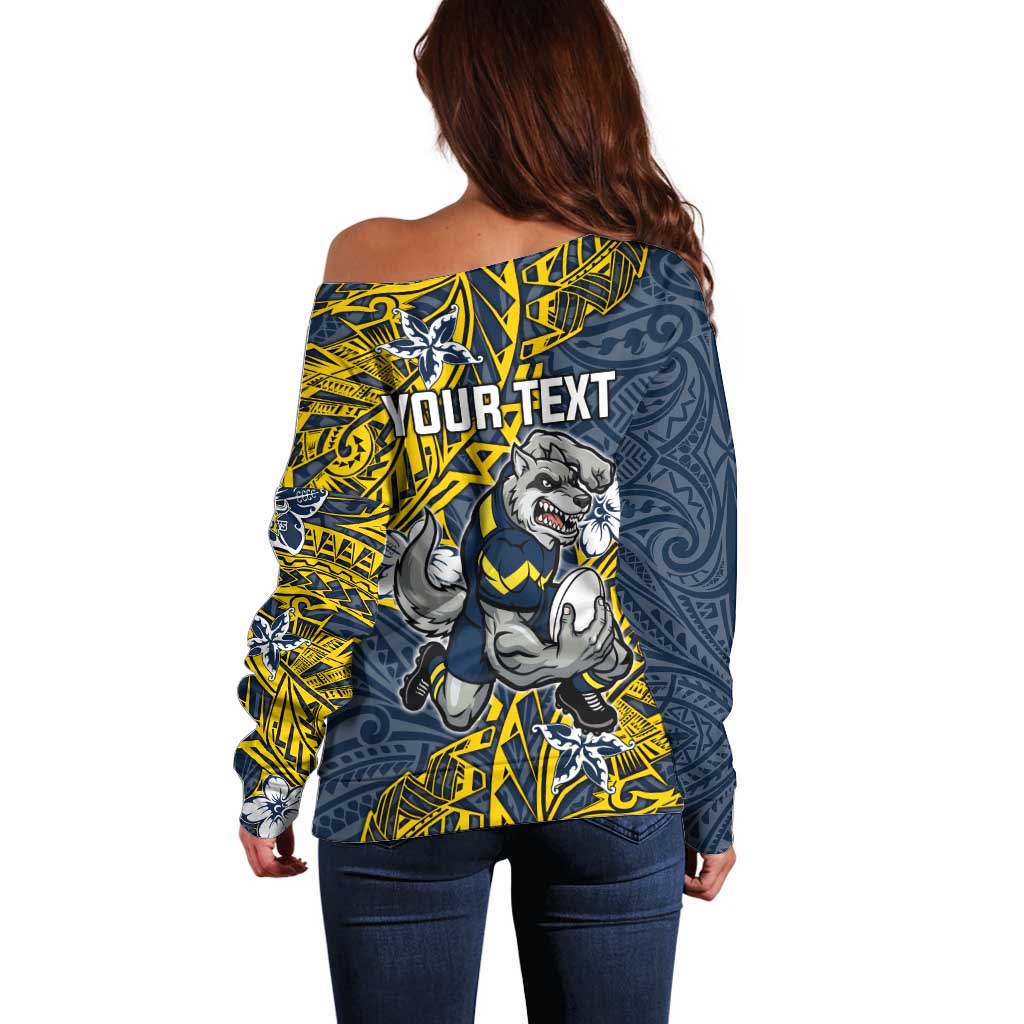 Personalised North Queensland Cowboys Off Shoulder Sweater Polynesian Tribal Pattern With Rugby Bull Mascot Art
