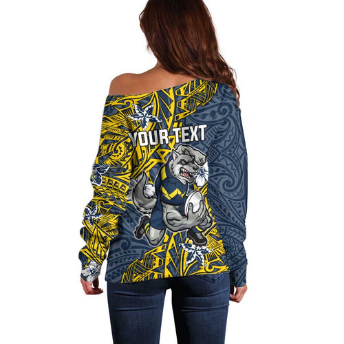 Personalised North Queensland Cowboys Off Shoulder Sweater Polynesian Tribal Pattern With Rugby Bull Mascot Art
