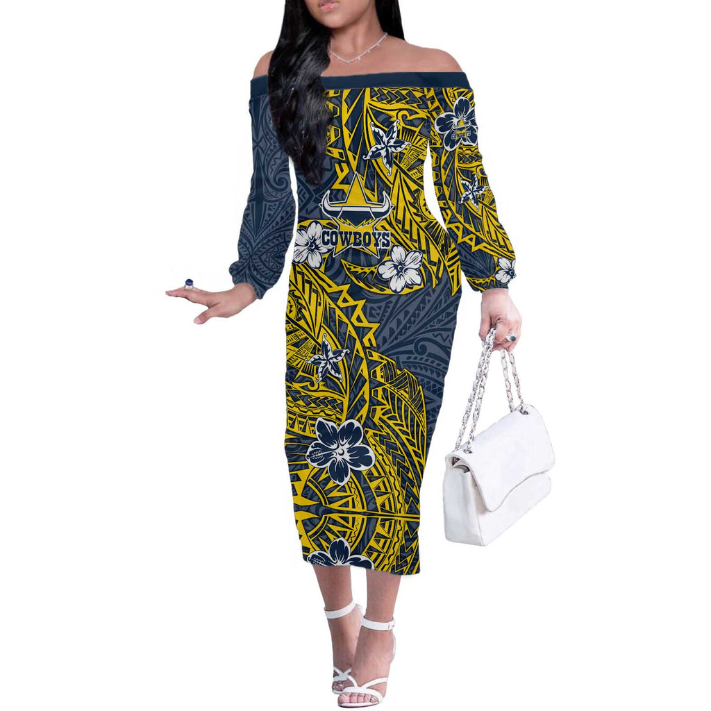 Personalised North Queensland Cowboys Off The Shoulder Long Sleeve Dress Polynesian Tribal Pattern With Rugby Bull Mascot Art
