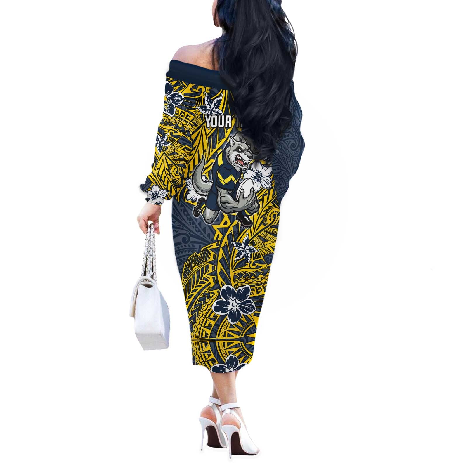 Personalised North Queensland Cowboys Off The Shoulder Long Sleeve Dress Polynesian Tribal Pattern With Rugby Bull Mascot Art