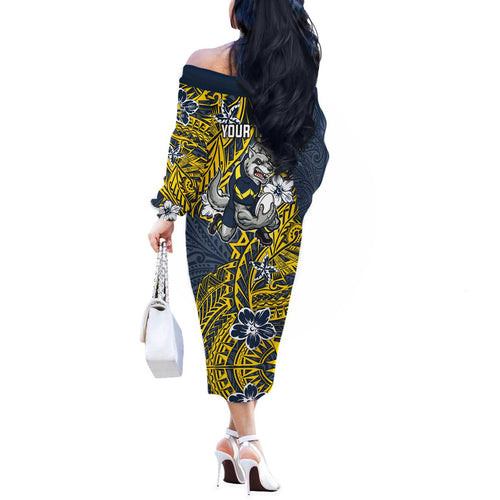 Personalised North Queensland Cowboys Off The Shoulder Long Sleeve Dress Polynesian Tribal Pattern With Rugby Bull Mascot Art