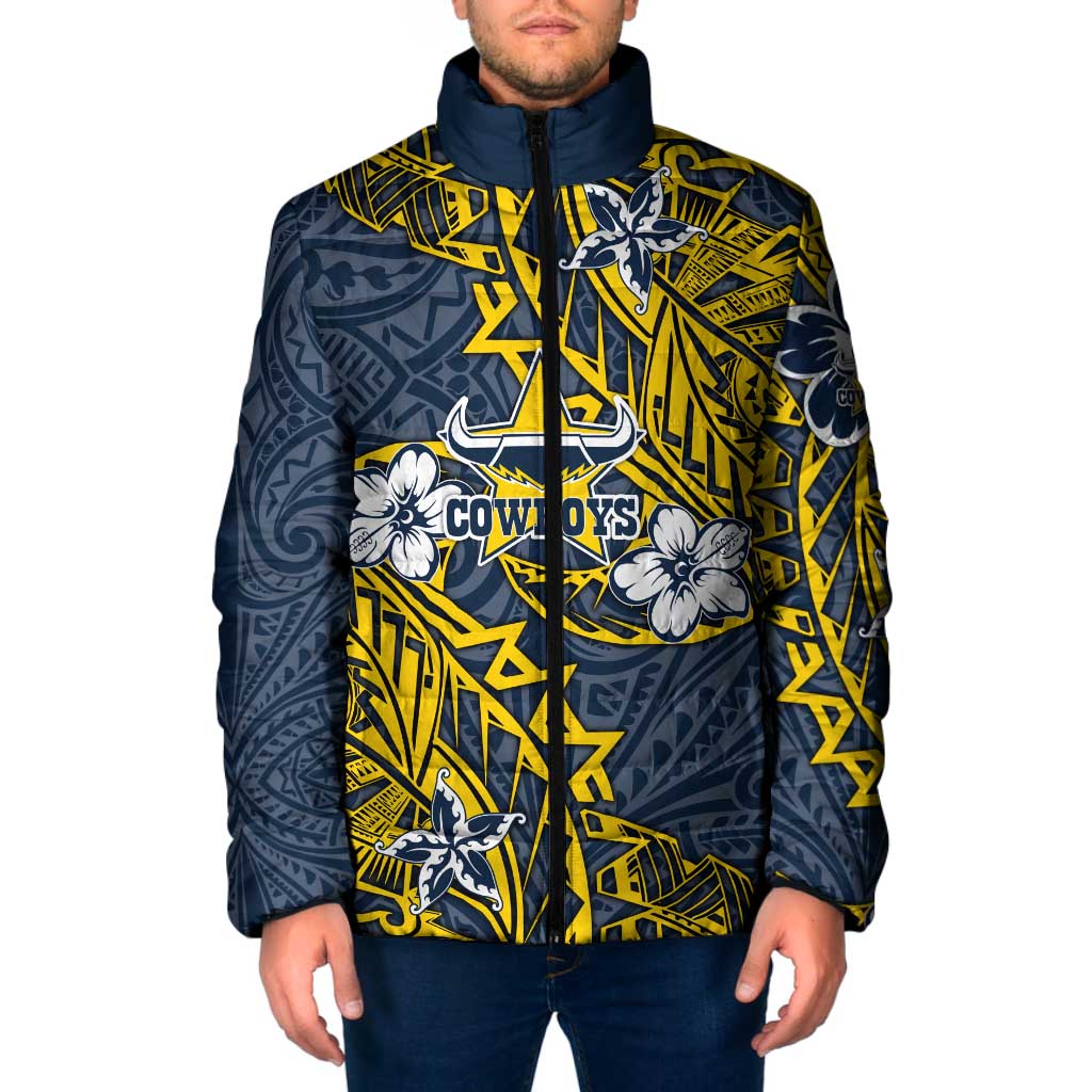 Personalised North Queensland Cowboys Padded Jacket Polynesian Tribal Pattern With Rugby Bull Mascot Art