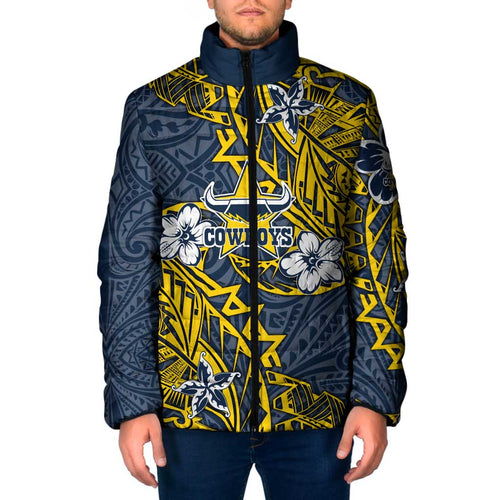 Personalised North Queensland Cowboys Padded Jacket Polynesian Tribal Pattern With Rugby Bull Mascot Art