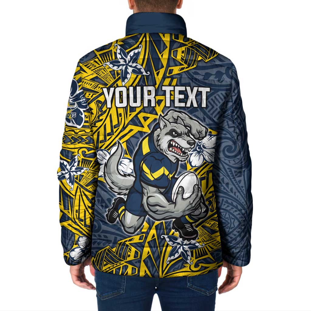 Personalised North Queensland Cowboys Padded Jacket Polynesian Tribal Pattern With Rugby Bull Mascot Art