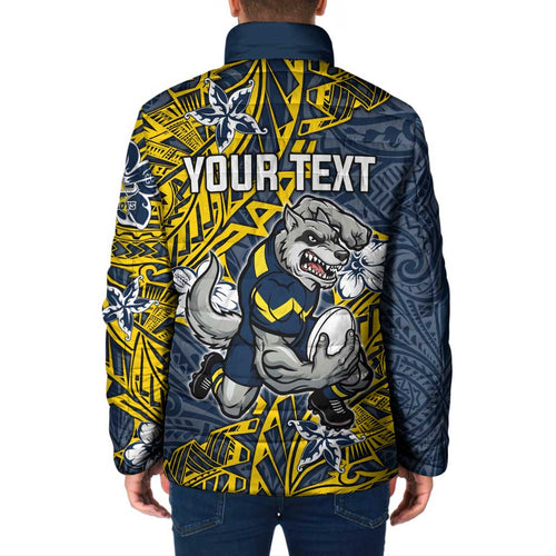Personalised North Queensland Cowboys Padded Jacket Polynesian Tribal Pattern With Rugby Bull Mascot Art