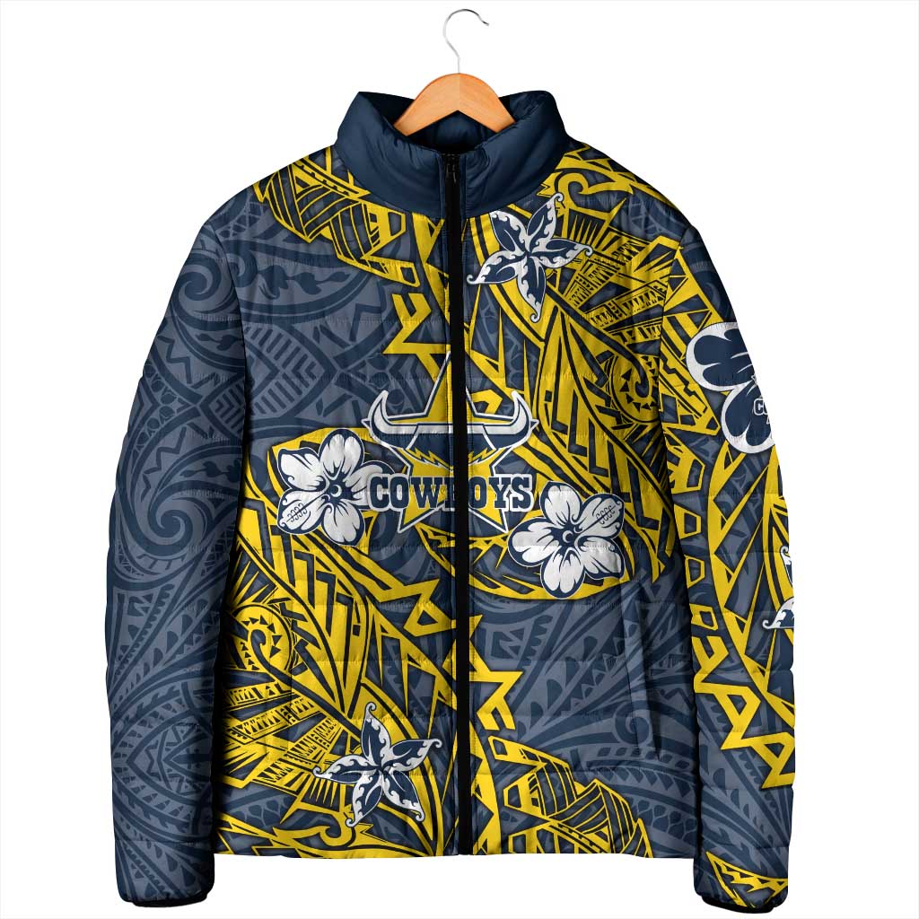 Personalised North Queensland Cowboys Padded Jacket Polynesian Tribal Pattern With Rugby Bull Mascot Art