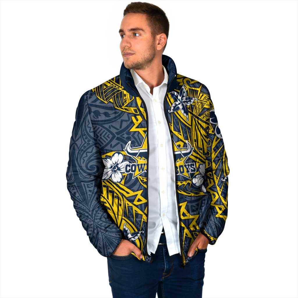 Personalised North Queensland Cowboys Padded Jacket Polynesian Tribal Pattern With Rugby Bull Mascot Art