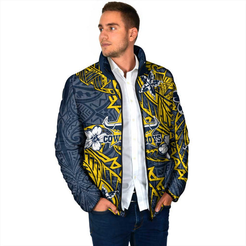 Personalised North Queensland Cowboys Padded Jacket Polynesian Tribal Pattern With Rugby Bull Mascot Art