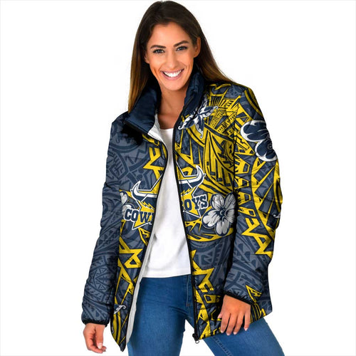 Personalised North Queensland Cowboys Padded Jacket Polynesian Tribal Pattern With Rugby Bull Mascot Art